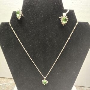 Silver and Green CZ Peridot Stone Heart Necklace and Earrings